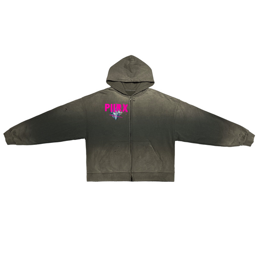 Washed Distressed Zip-Up Hoodie
