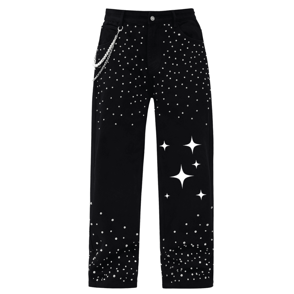 Unisex Rhinestone-Embellished Relaxed Straight-Leg Jeans